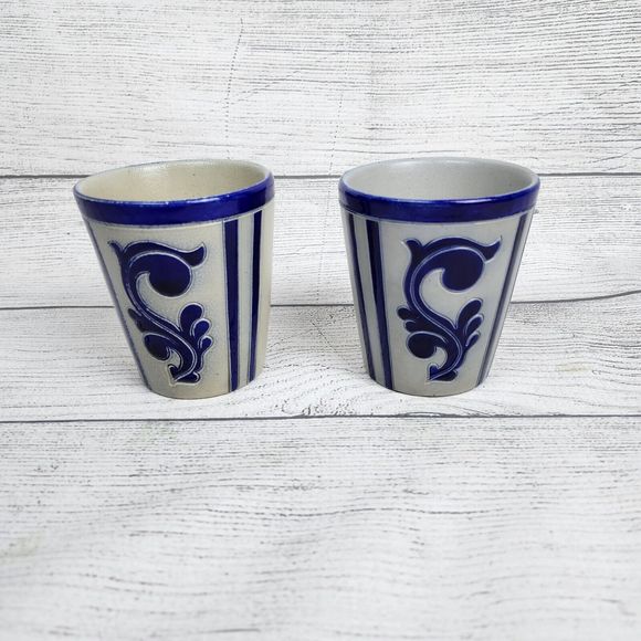 Vtg Cobalt Blue German Salt Glaze Pottery Cups Glasses Set of 2 Small 3.5in Tall - Picture 1 of 8